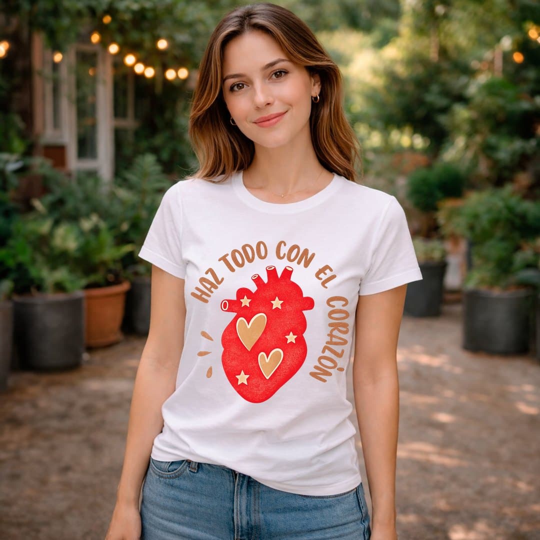 Modelo con camiseta blanca estampada con un corazón y la frase Haz todo con el corazón