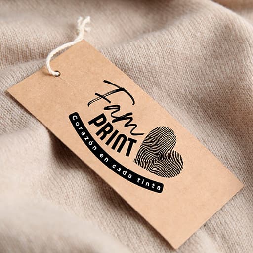 Etiqueta de papel kraft de FamPrint con el lema Corazón en cada tinta